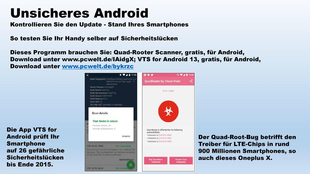 Unsicheres Android Kontrollieren Sie den Update - Stand Ihres Smartphones. So testen Sie Ihr Handy selber auf Sicherheitslücken.