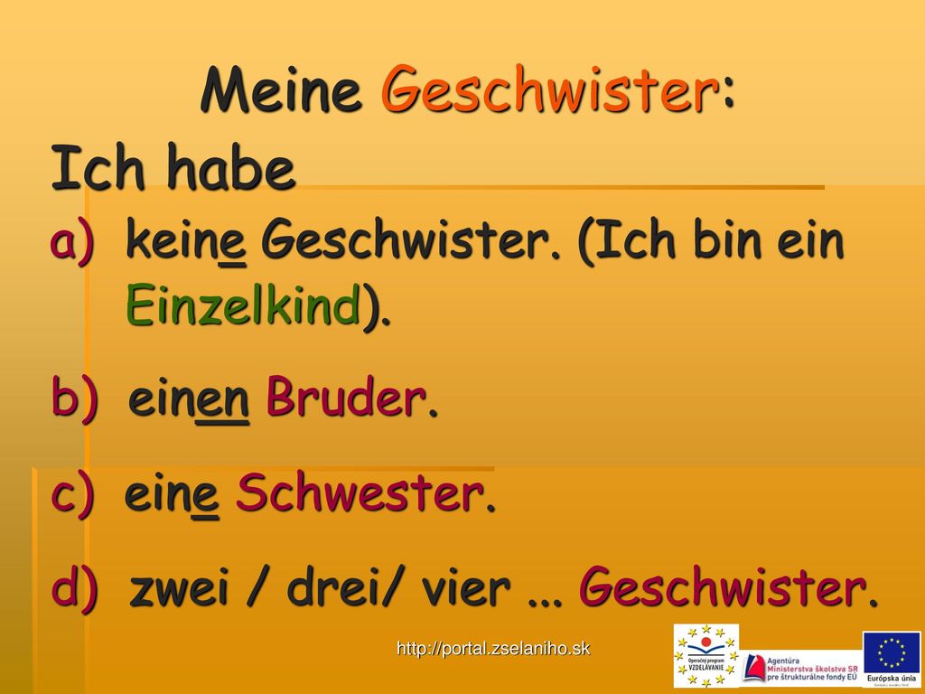 Meine Geschwister: Ich habe a) keine Geschwister. (Ich bin ein