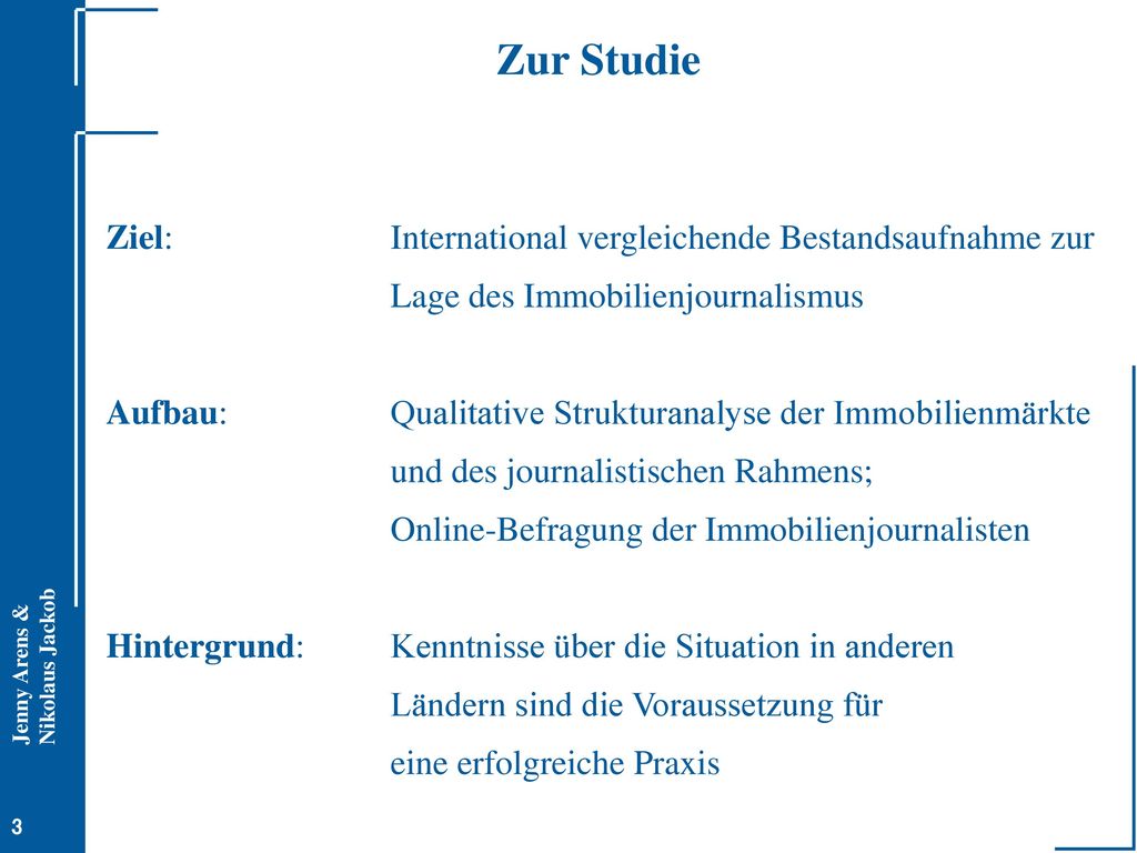 Zur Studie Ziel: International vergleichende Bestandsaufnahme zur Lage des Immobilienjournalismus.