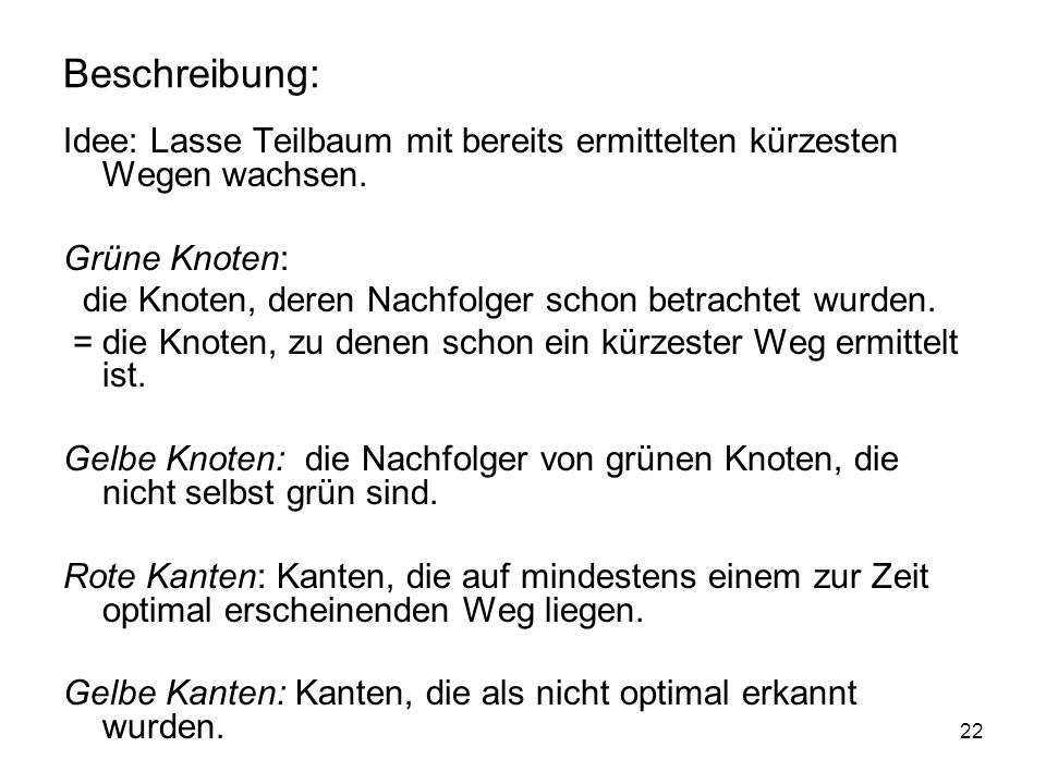 Beschreibung: Idee: Lasse Teilbaum mit bereits ermittelten kürzesten Wegen wachsen. Grüne Knoten: