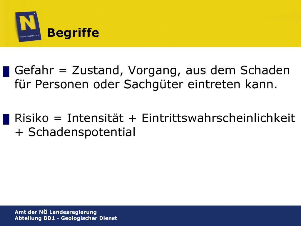Begriffe Gefahr = Zustand, Vorgang, aus dem Schaden für Personen oder Sachgüter eintreten kann.