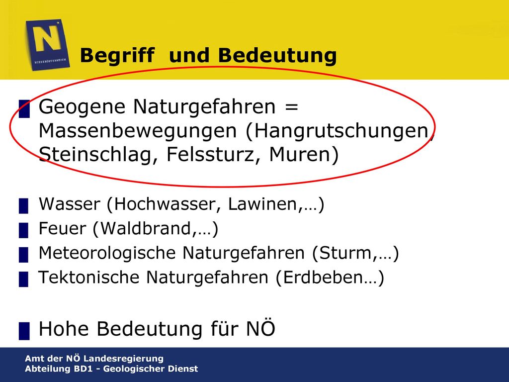 Begriff und Bedeutung Geogene Naturgefahren = Massenbewegungen (Hangrutschungen, Steinschlag, Felssturz, Muren)