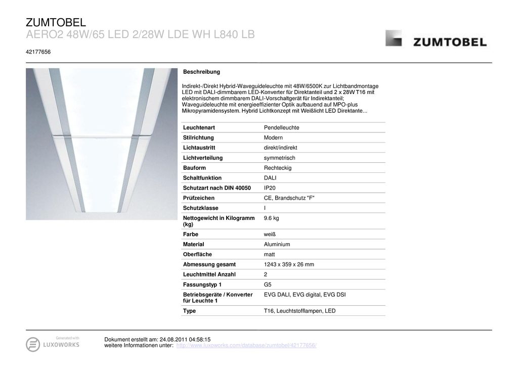 ZUMTOBEL AERO2 48W/65 LED 2/28W LDE WH L840 LB Beschreibung