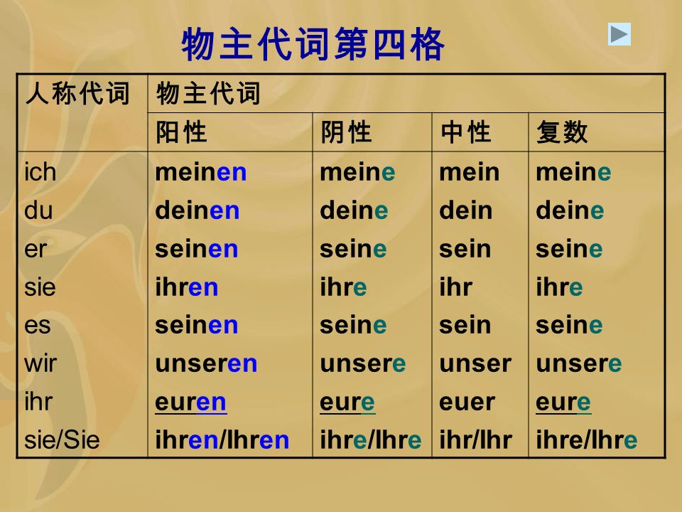 物主代词第四格 人称代词 物主代词 阳性 阴性 中性 复数 ich du er sie es wir ihr sie/Sie meinen