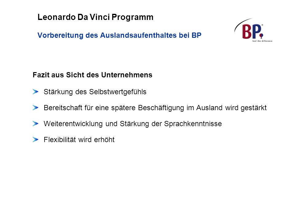 Leonardo Da Vinci Programm Vorbereitung des Auslandsaufenthaltes bei BP