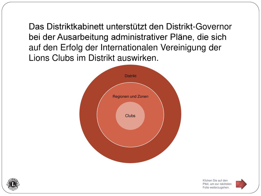 Das Distriktkabinett unterstützt den Distrikt-Governor bei der Ausarbeitung administrativer Pläne, die sich auf den Erfolg der Internationalen Vereinigung der Lions Clubs im Distrikt auswirken.