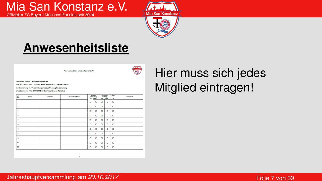 Anwesenheitsliste Hier muss sich jedes Mitglied eintragen!