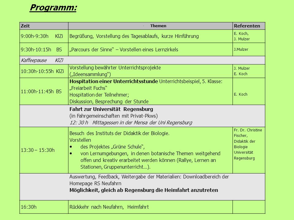 Programm: Zeit. Themen. Referenten. 9:00h-9:30h KlZi. Begrüßung, Vorstellung des Tagesablaufs, kurze Hinführung.