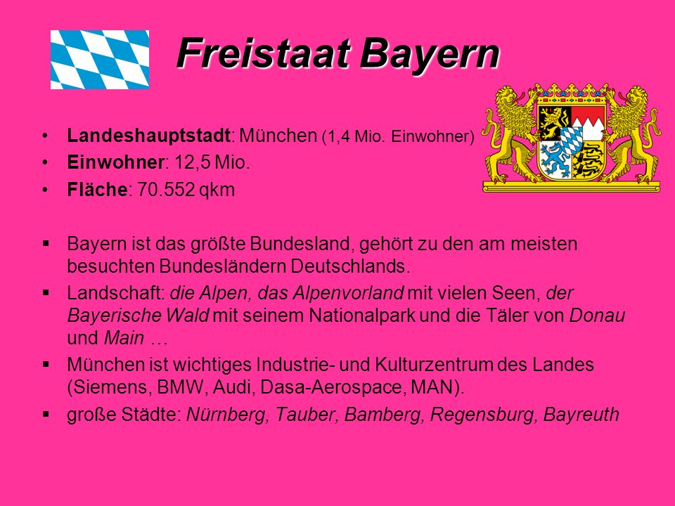 Freistaat Bayern Landeshauptstadt: München (1,4 Mio. Einwohner)
