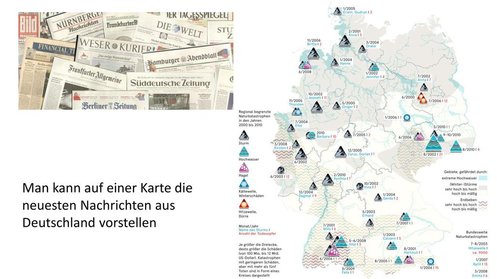 Man kann auf einer Karte die neuesten Nachrichten aus Deutschland vorstellen