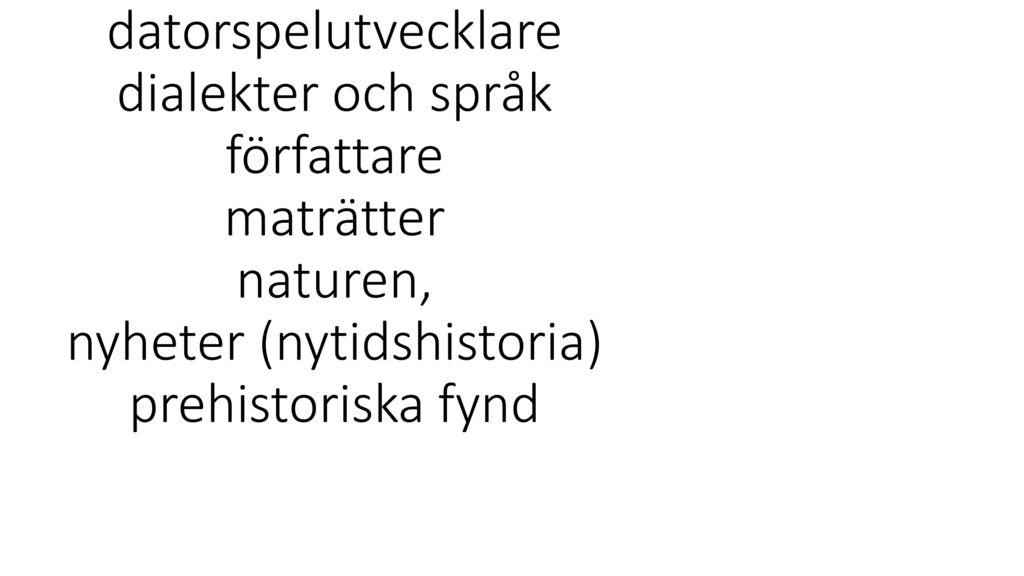 berömda personer datorspelutvecklare dialekter och språk författare maträtter naturen, nyheter (nytidshistoria) prehistoriska fynd