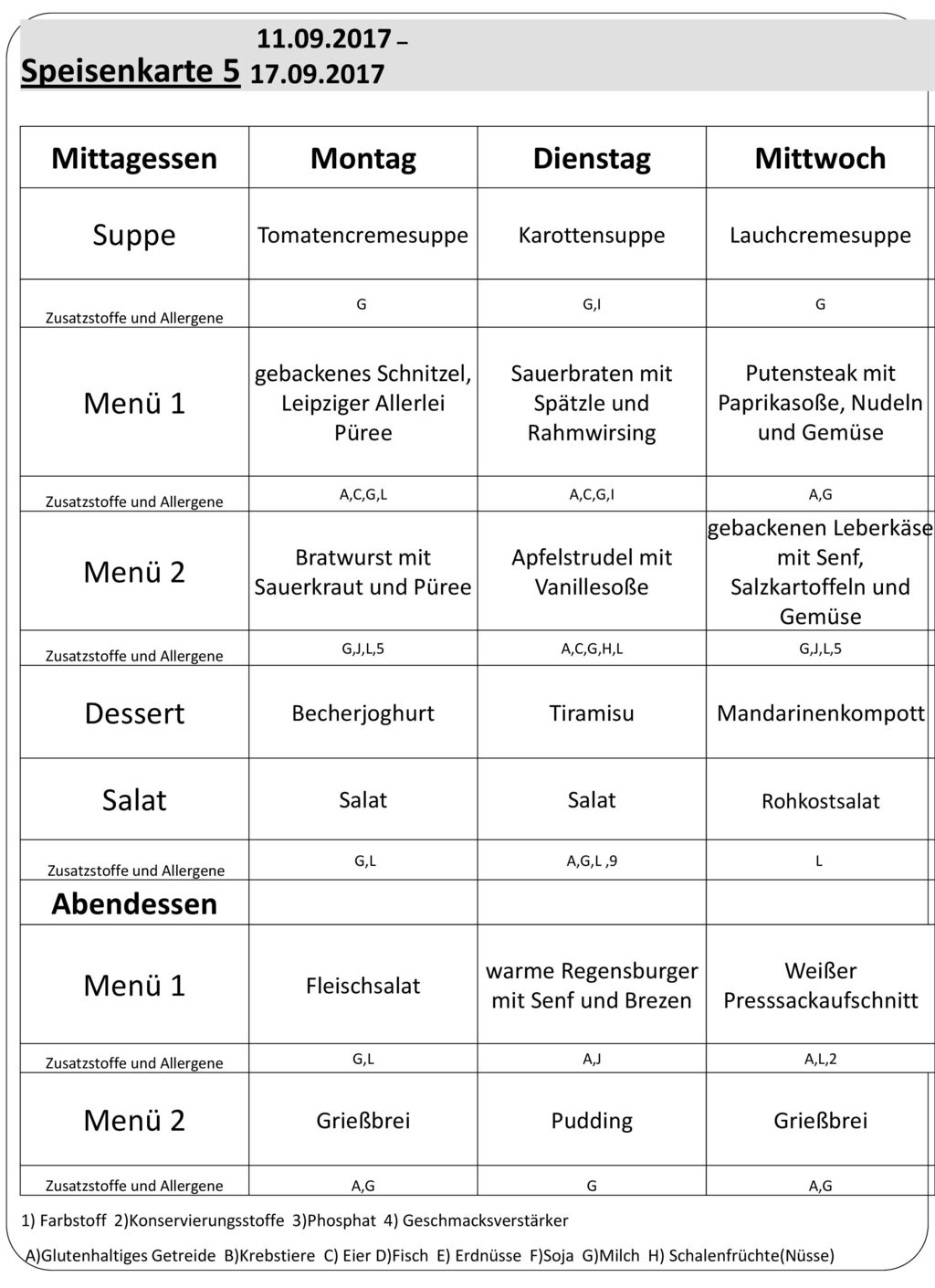 Speisenkarte 5 Mittagessen Montag Dienstag Mittwoch Suppe Menü 1