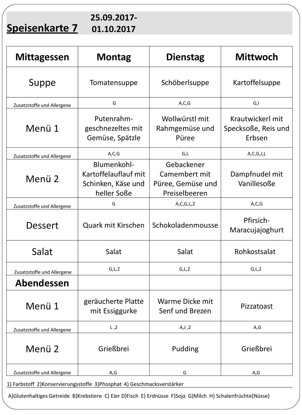 Speisenkarte 7 Mittagessen Montag Dienstag Mittwoch Suppe Menü 1
