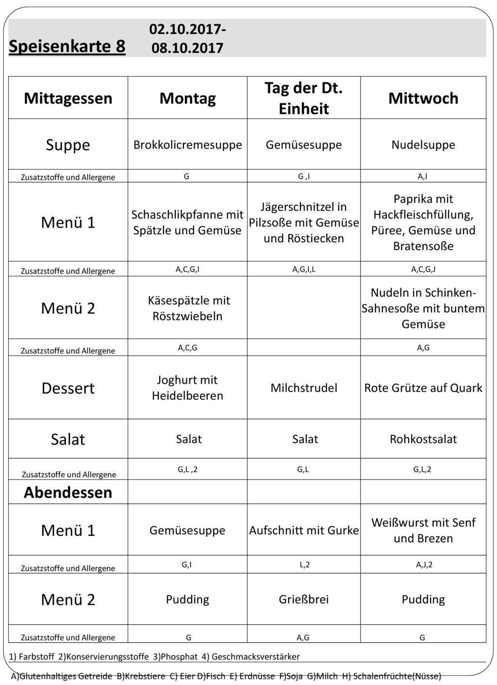 Speisenkarte 8 Mittagessen Montag Tag der Dt. Einheit Mittwoch Suppe