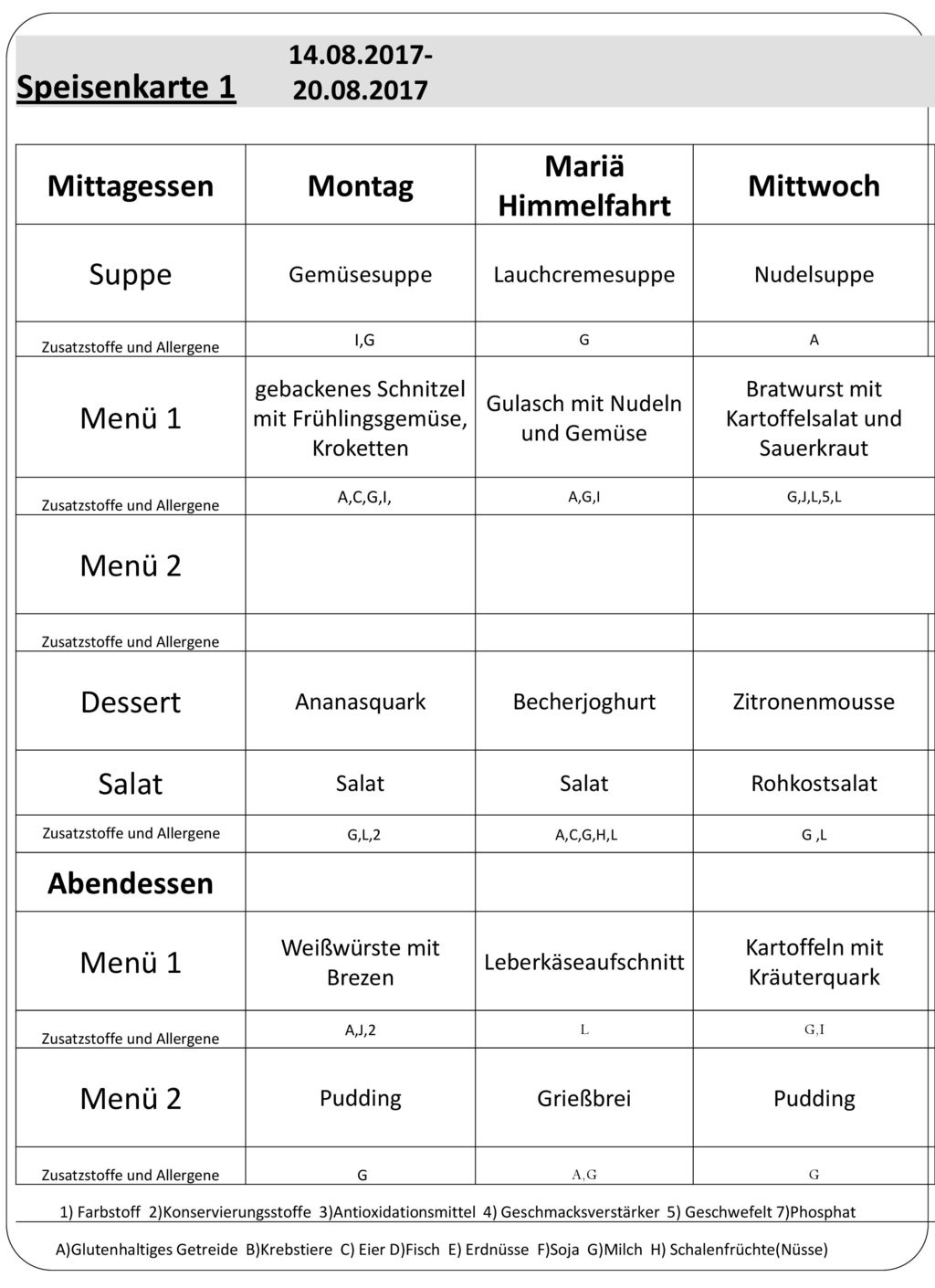 Speisenkarte 1 Mittagessen Montag Mariä Himmelfahrt Mittwoch Suppe