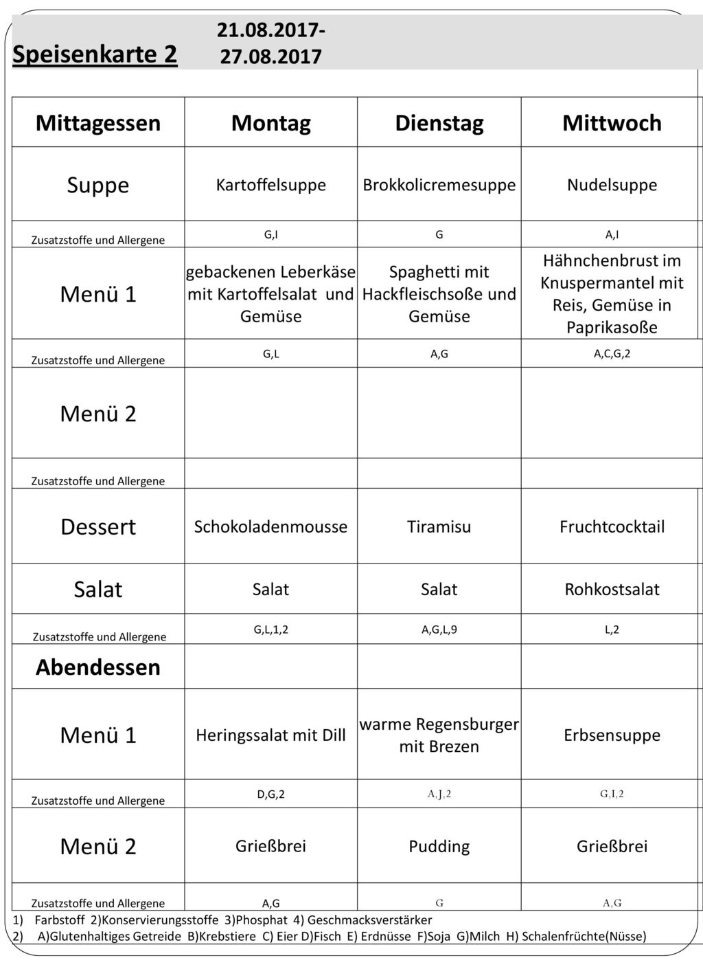 Speisenkarte 2 Mittagessen Montag Dienstag Mittwoch Suppe Menü 1
