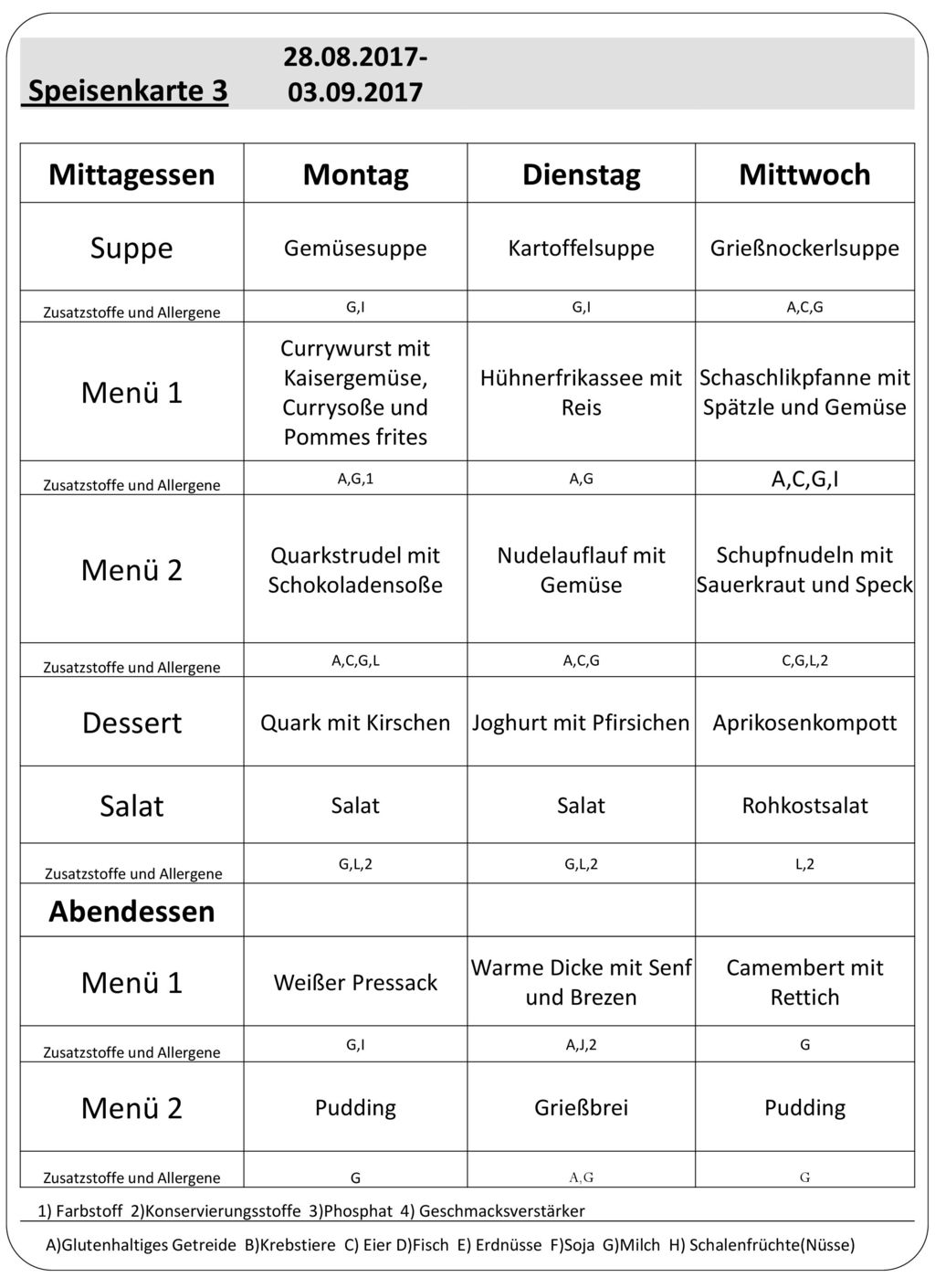 Mittagessen Montag Dienstag Mittwoch Abendessen