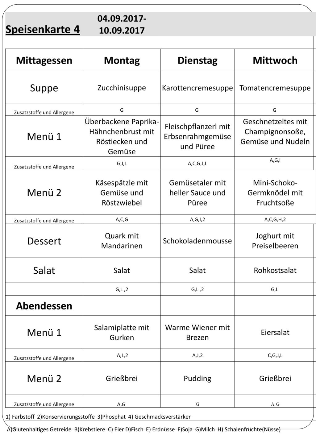 Speisenkarte 4 Mittagessen Montag Dienstag Mittwoch Suppe Menü 1