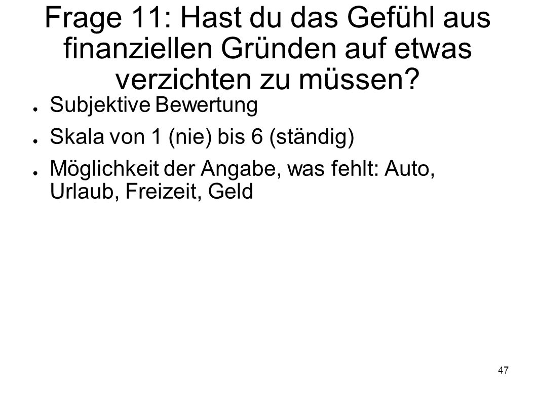 Frage 11: Hast du das Gefühl aus finanziellen Gründen auf etwas verzichten zu müssen