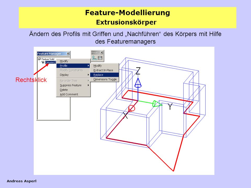 Extrusionskörper Ändern des Profils mit Griffen und „Nachführen des Körpers mit Hilfe des Featuremanagers.