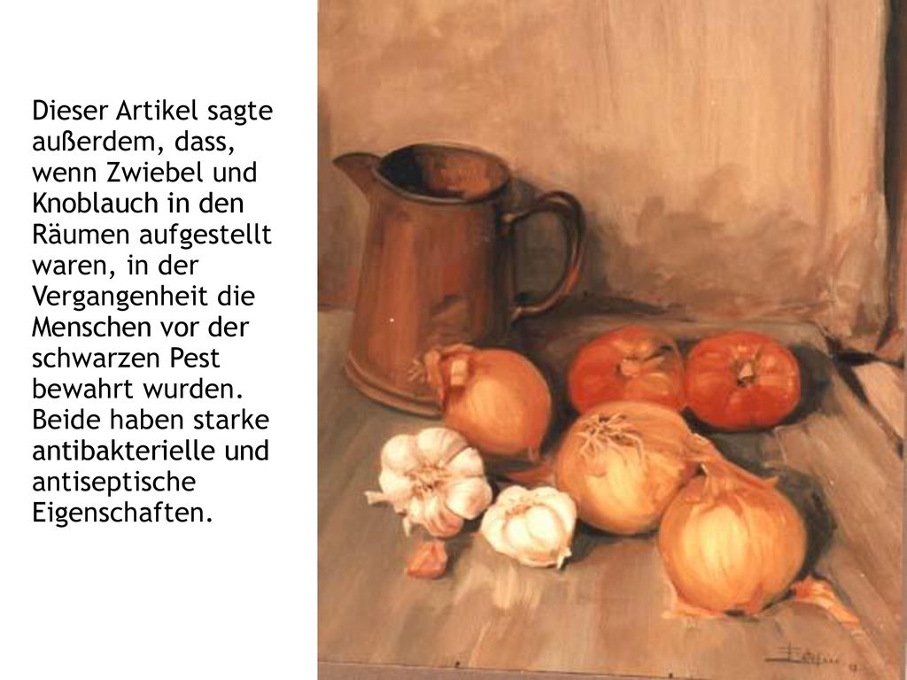 Dieser Artikel sagte außerdem, dass, wenn Zwiebel und Knoblauch in den Räumen aufgestellt waren, in der Vergangenheit die Menschen vor der schwarzen Pest bewahrt wurden.