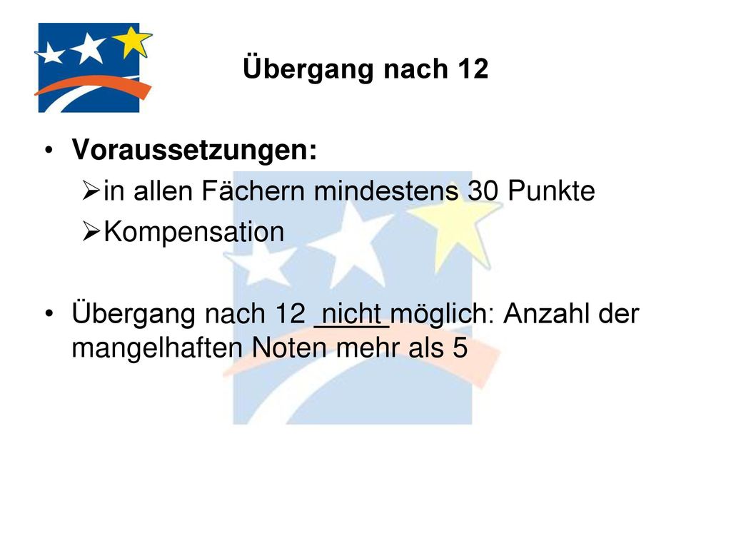 Übergang nach 12 Voraussetzungen: in allen Fächern mindestens 30 Punkte. Kompensation.