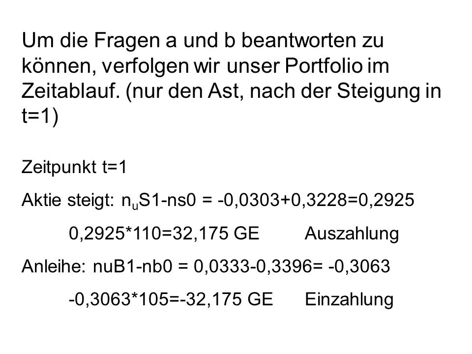 Um die Fragen a und b beantworten zu können, verfolgen wir unser Portfolio im Zeitablauf. (nur den Ast, nach der Steigung in t=1)
