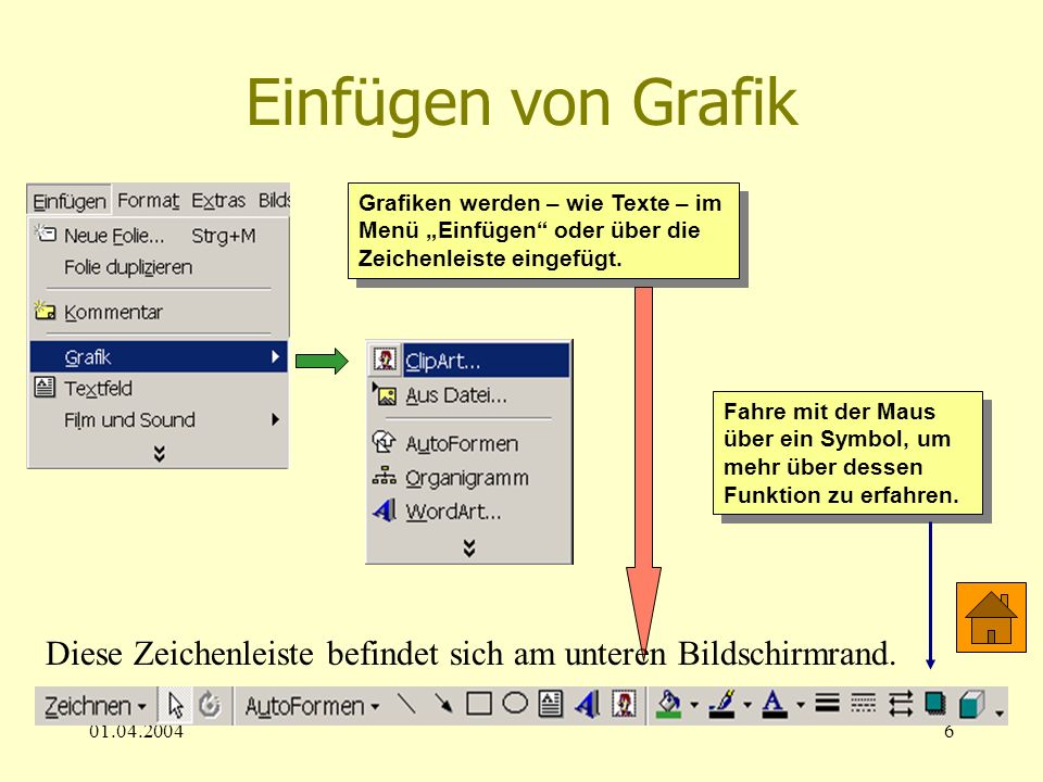Einfügen von Grafik Grafiken werden – wie Texte – im Menü „Einfügen oder über die Zeichenleiste eingefügt.