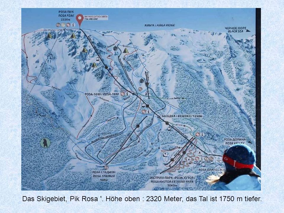 Das Skigebiet, Pik Rosa . Höhe oben : 2320 Meter, das Tal ist 1750 m tiefer.