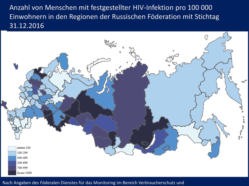 Anzahl von Menschen mit festgestellter HIV-Infektion pro Einwohnern in den Regionen der Russischen Föderation mit Stichtag