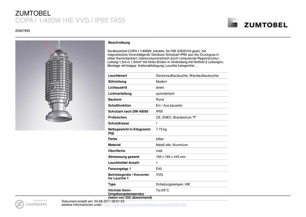 ZUMTOBEL COPA I 1/400W HIE VVG I IP65 TA Beschreibung
