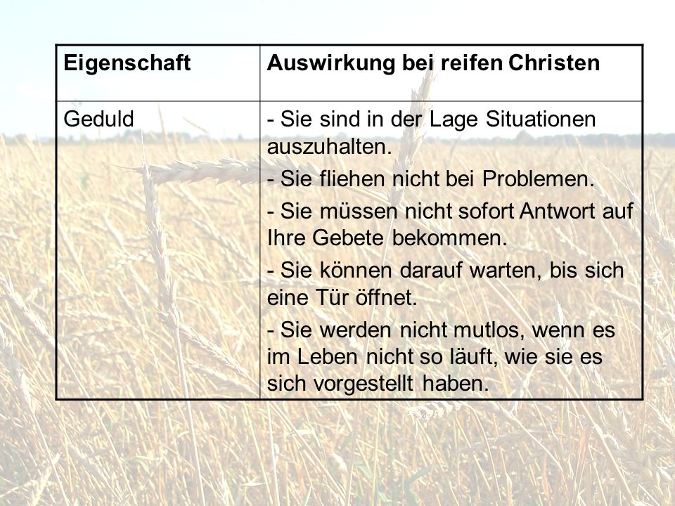 Eigenschaft Auswirkung bei reifen Christen. Geduld. - Sie sind in der Lage Situationen auszuhalten.