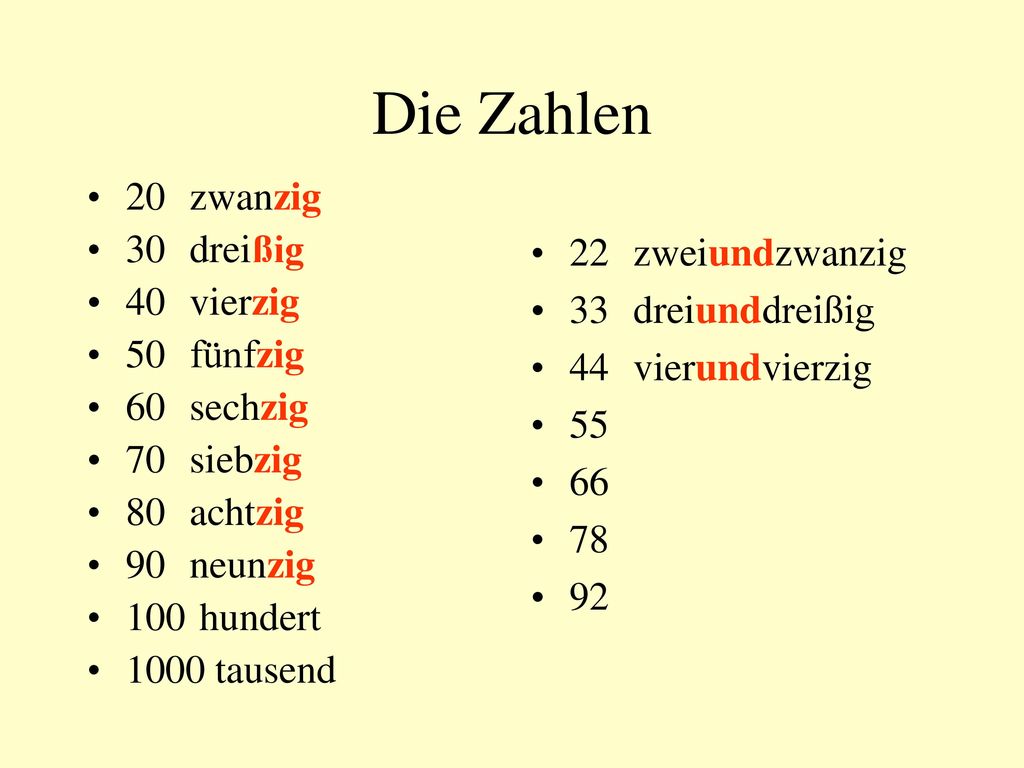 Die Zahlen 20 zwanzig 30 dreißig 40 vierzig 22 zweiundzwanzig