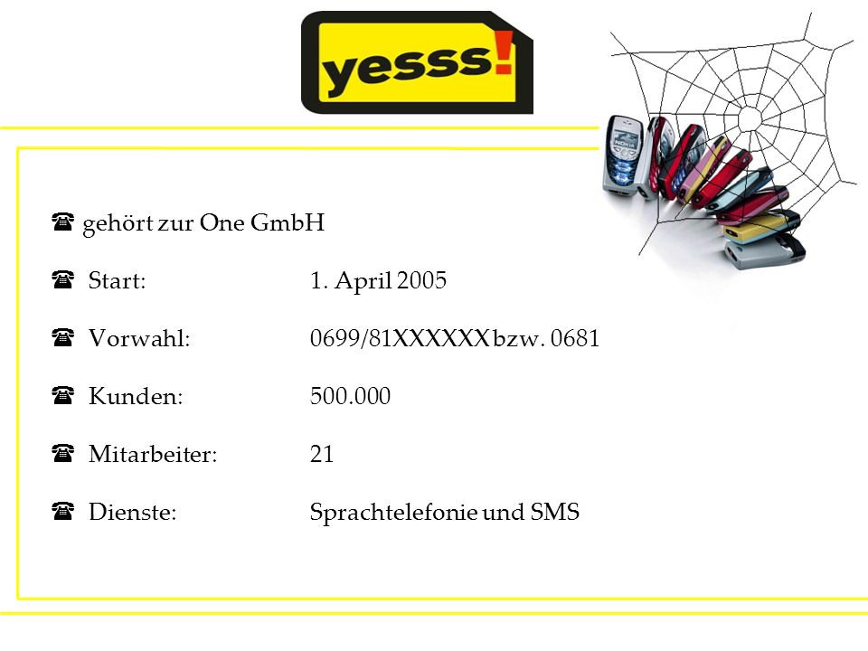 gehört zur One GmbH Start: 1. April Vorwahl: 0699/81XXXXXX bzw Kunden:
