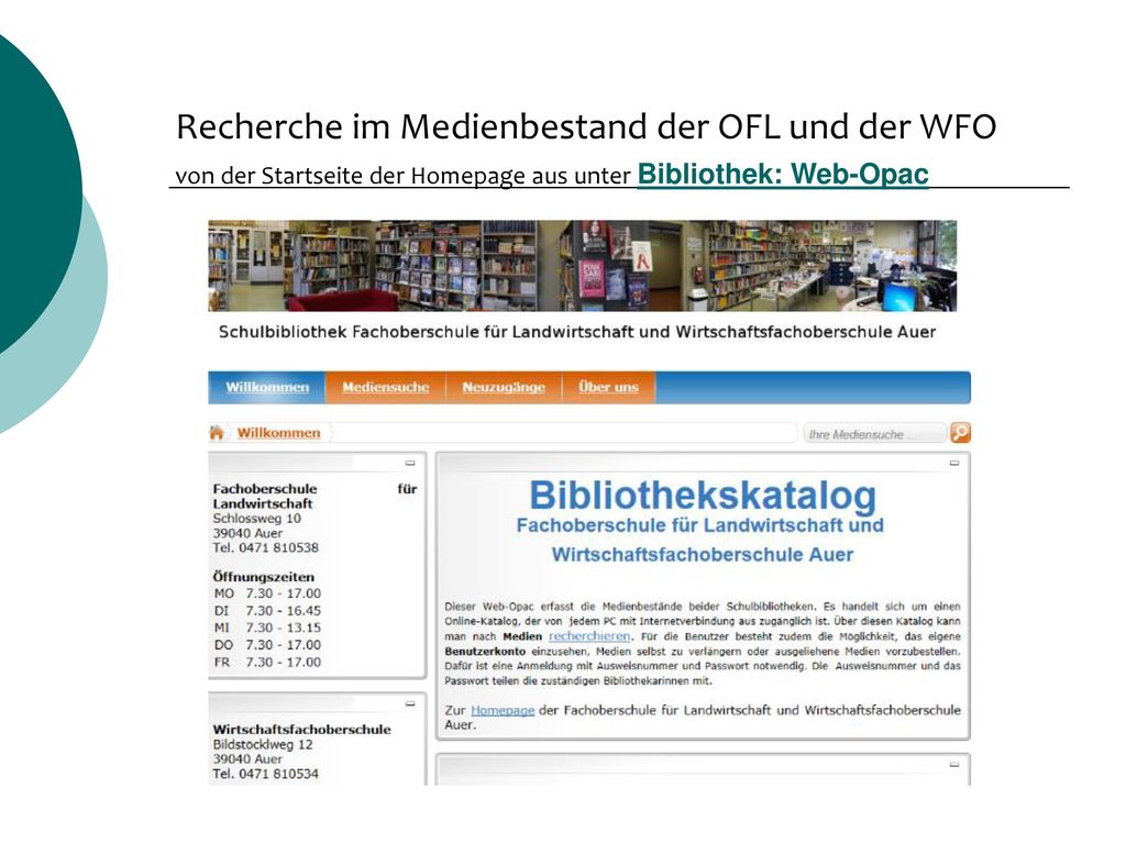 Recherche im Medienbestand der OFL und der WFO von der Startseite der Homepage aus unter Bibliothek: Web-Opac