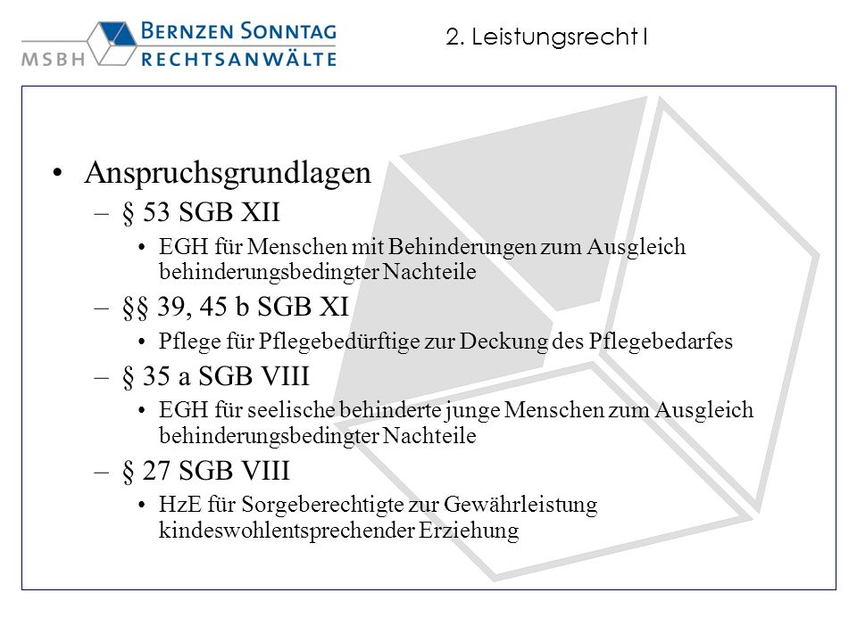 Anspruchsgrundlagen § 53 SGB XII §§ 39, 45 b SGB XI § 35 a SGB VIII