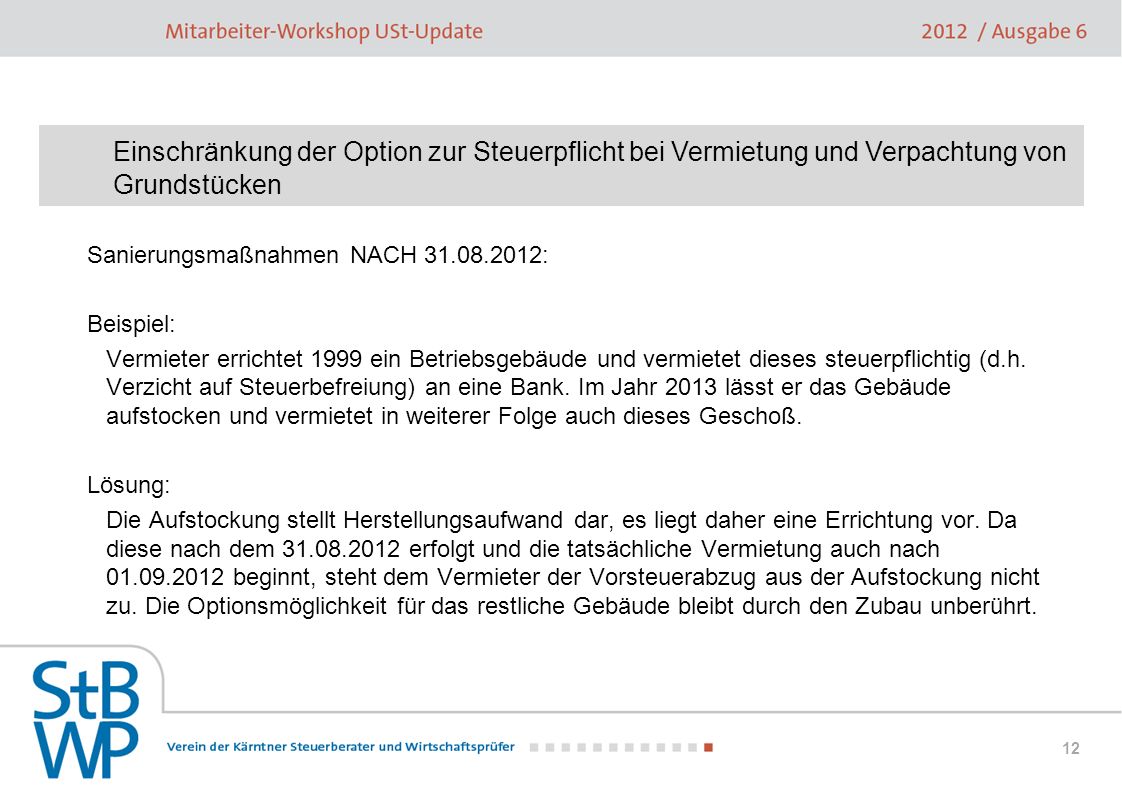 Einschränkung der Option zur Steuerpflicht bei Vermietung und Verpachtung von Grundstücken