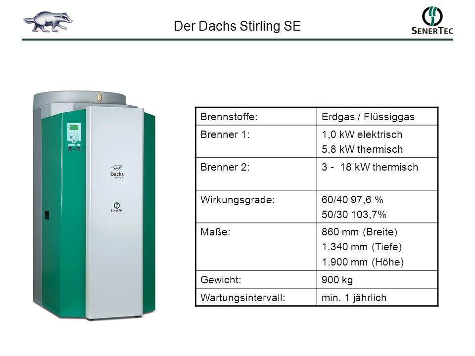 Der Dachs Stirling SE Brennstoffe: Erdgas / Flüssiggas Brenner 1: