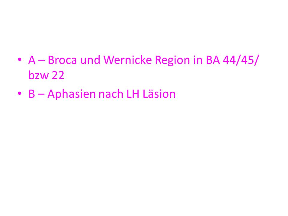 A – Broca und Wernicke Region in BA 44/45/ bzw 22