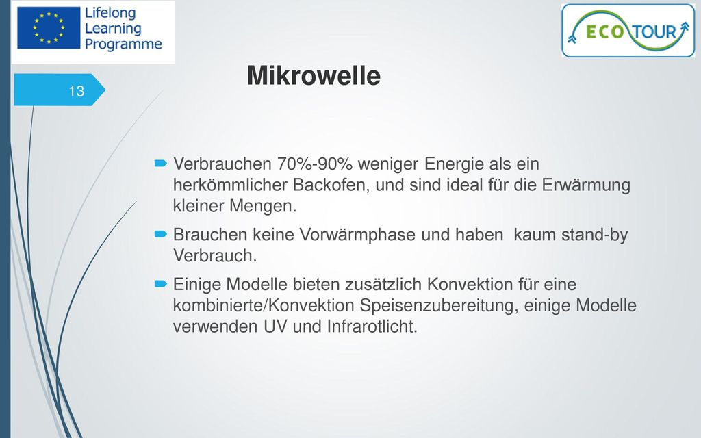 Mikrowelle Verbrauchen 70%-90% weniger Energie als ein herkömmlicher Backofen, und sind ideal für die Erwärmung kleiner Mengen.