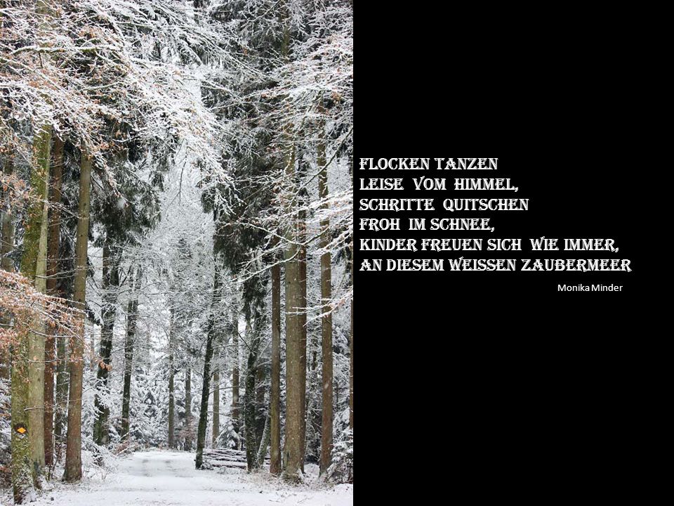 Flocken tanzen Leise vom himmel, Schritte quitschen. Froh im Schnee, Kinder freuen sich wie immer,