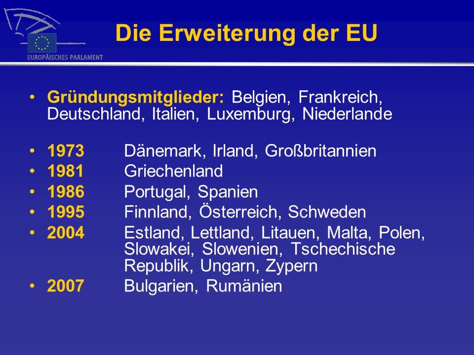 Die Erweiterung der EU Gründungsmitglieder: Belgien, Frankreich, Deutschland, Italien, Luxemburg, Niederlande.