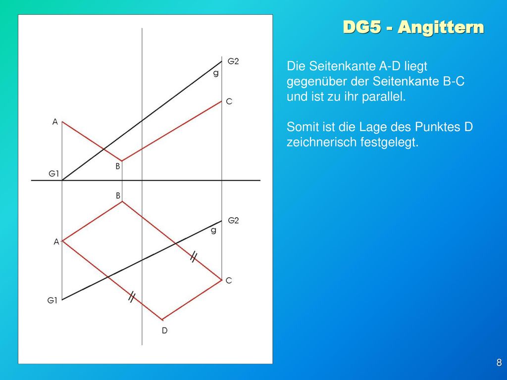 DG5 - Angittern Die Seitenkante A-D liegt gegenüber der Seitenkante B-C und ist zu ihr parallel.