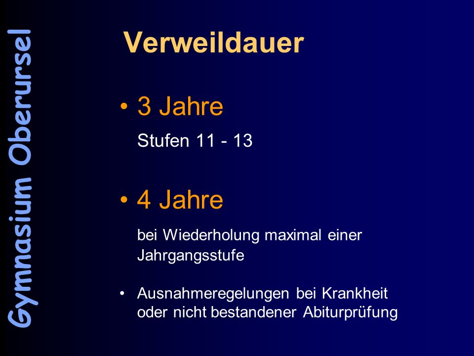 Verweildauer Gymnasium Oberursel 3 Jahre 4 Jahre Stufen