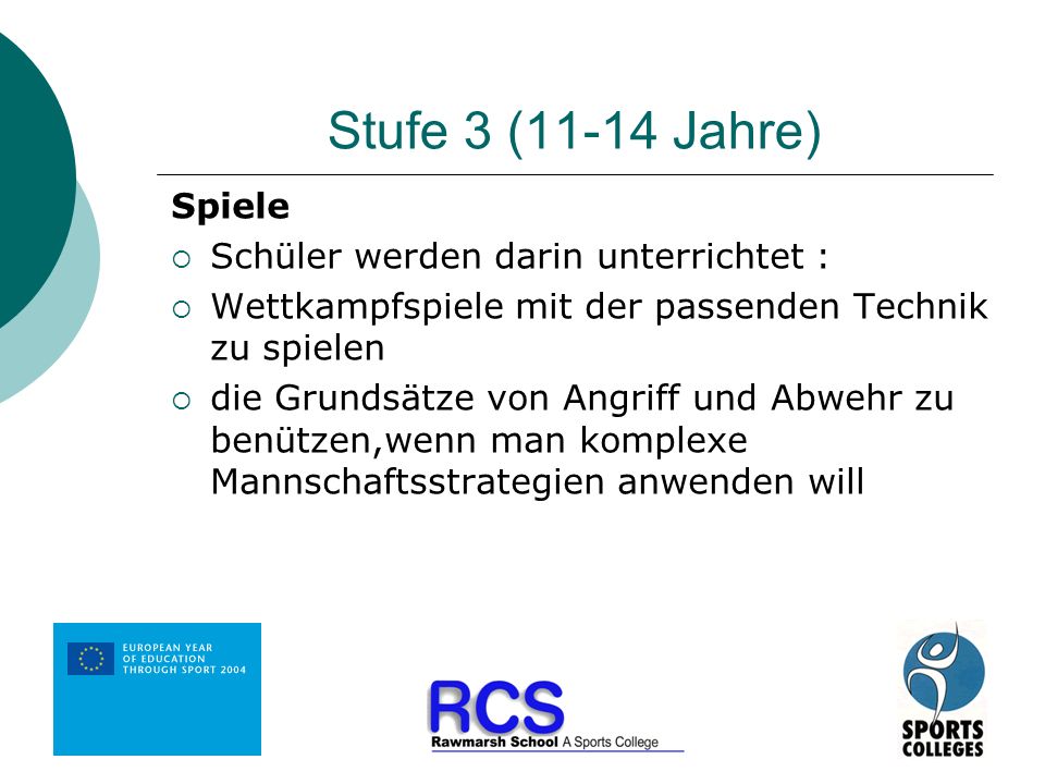 Stufe 3 (11-14 Jahre) Spiele Schüler werden darin unterrichtet :