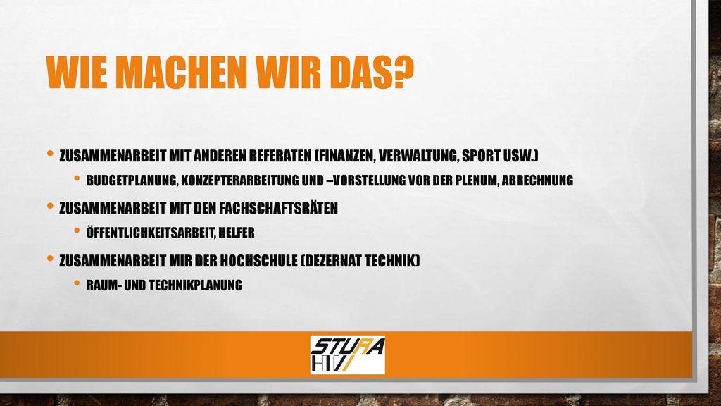 Wie machen wir das Zusammenarbeit mit anderen referaten (Finanzen, Verwaltung, Sport usw.)