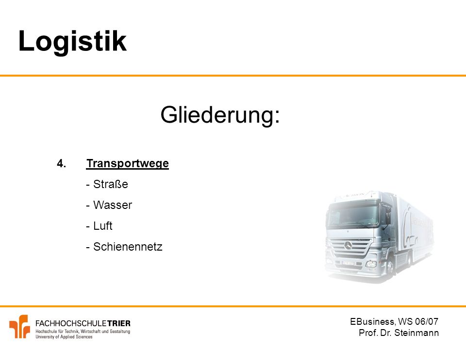 Logistik Gliederung: 4. Transportwege - Straße - Wasser - Luft