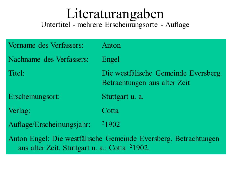Literaturangaben Untertitel - mehrere Erscheinungsorte - Auflage