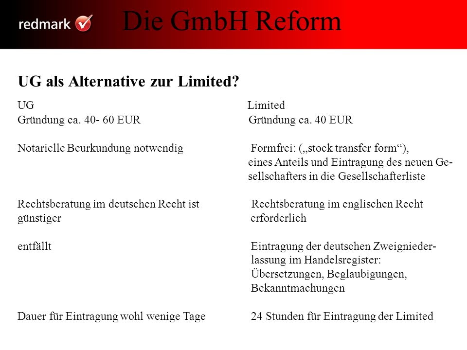 Die GmbH Reform UG als Alternative zur Limited UG Limited