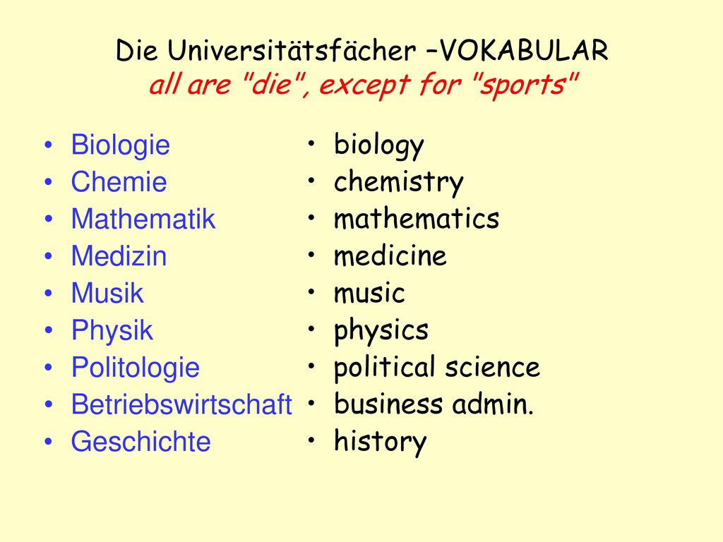 Die Universitätsfächer –VOKABULAR all are die , except for sports